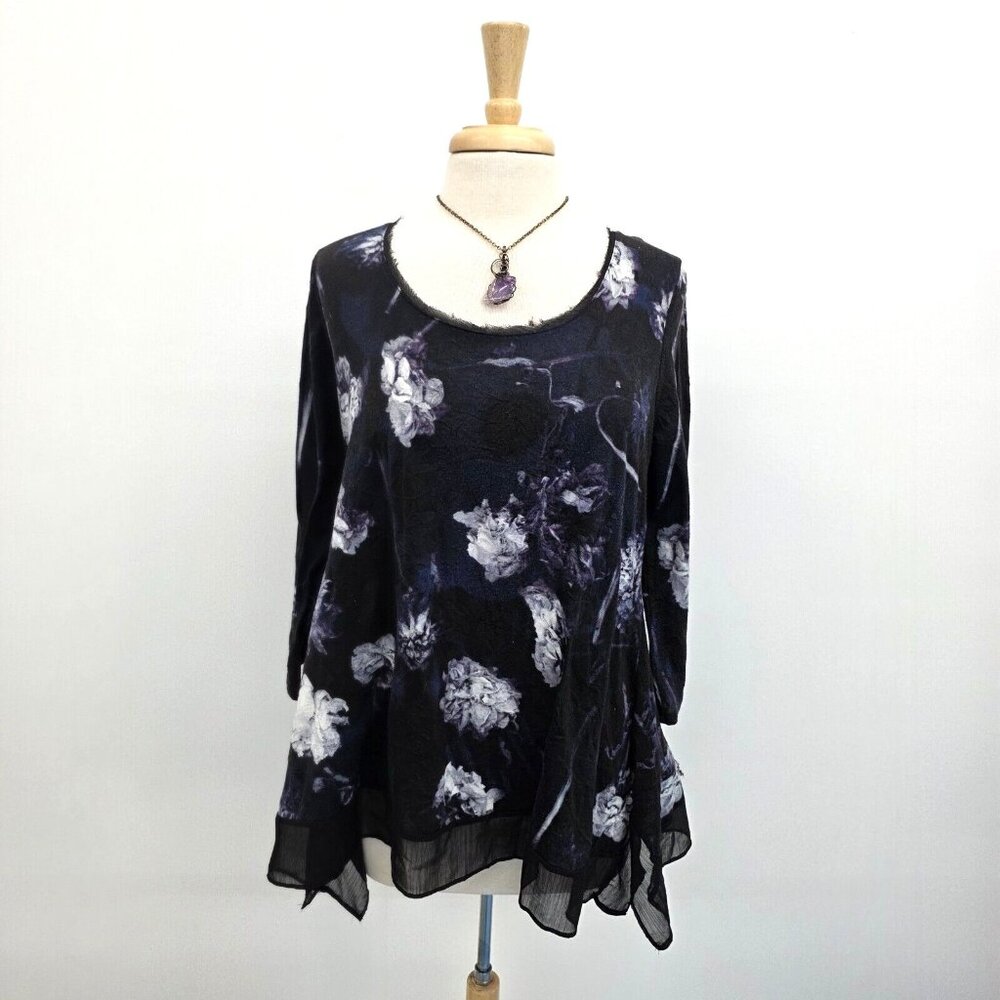 Simply Vera Wang Floral Knit Top Blouse Womens Large Chiffon Trim 3/4 Sleeve